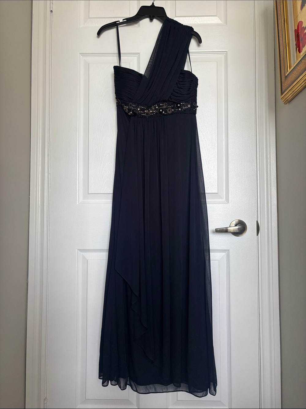 One-Shoulder Navy Evening Gown with Embellished Waist from Macy